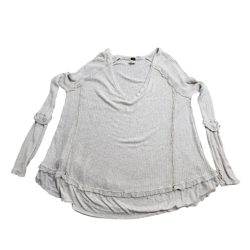 We The Free Thermal Tunic Women Medium Beige Waffle Knit V-Neck Raw Hem OB668202